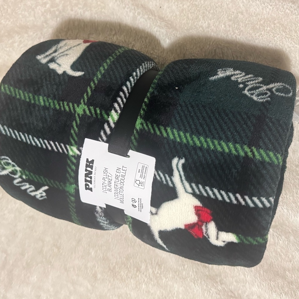 PINK Victoria's Secret Green Plaid Blanket with Dog Design